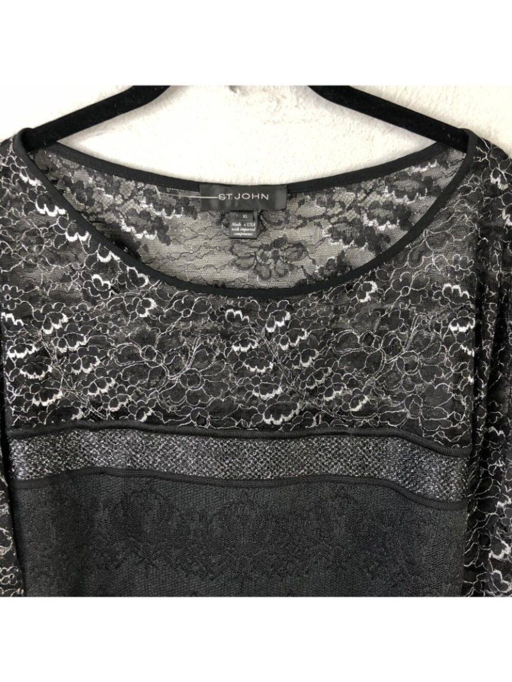 St. John Tunic Blouse Womens XL Black Lace Metallic Floral Bell Sleeve Party - Picture 12 of 16
